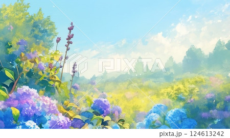 初夏の青空と紫陽花が広がる爽やかな自然風景水彩イラスト 124613242