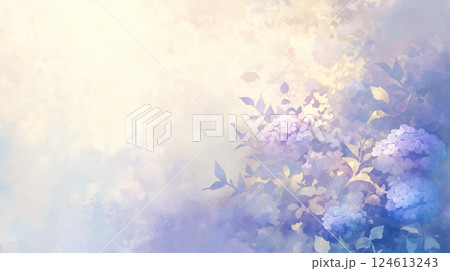 初夏の青空と紫陽花が広がる爽やかな自然風景水彩イラスト 124613243