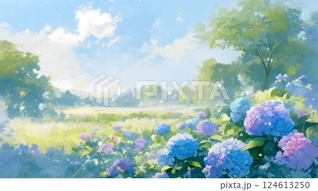 水彩で描かれた紫陽花と雲が美しい初夏の風景イメージ 124613250