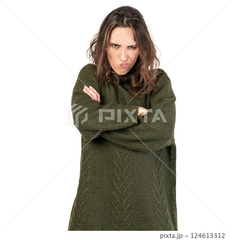 Upset or Angry Woman in Green Sweater 124613312