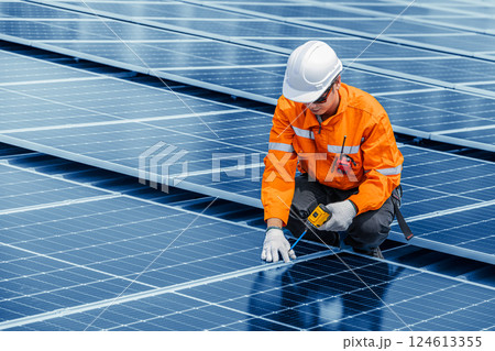 Professional Engineer Service Solar Panel. Worker Maintenance Cleaning Replacing Solar Panel. Professional Engineer Service Solar Panel. Worker Maintenance Cleaning Replacing Solar Panel. 124613355