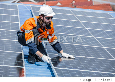 Professional Engineer Service Solar Panel. Worker Maintenance Cleaning Replacing Solar Panel. Professional Engineer Service Solar Panel. Worker Maintenance Cleaning Replacing Solar Panel. 124613361