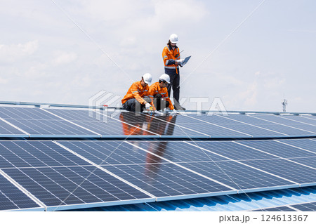 Professional Engineer Service Solar Panel. Worker Maintenance Cleaning Replacing Solar Panel. Professional Engineer Service Solar Panel. Worker Maintenance Cleaning Replacing Solar Panel. 124613367