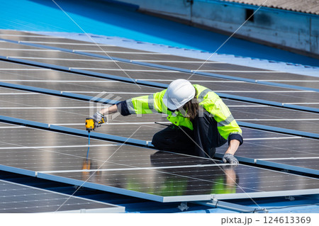 Professional Engineer Service Solar Panel. Worker Maintenance Cleaning Replacing Solar Panel. Professional Engineer Service Solar Panel. Worker Maintenance Cleaning Replacing Solar Panel. 124613369