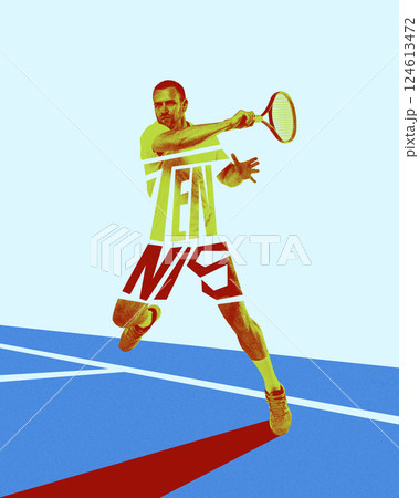 Front view image of concentrated and determined man, tennis player in motion with racket, making powerful swing. Creative art design. 124613472