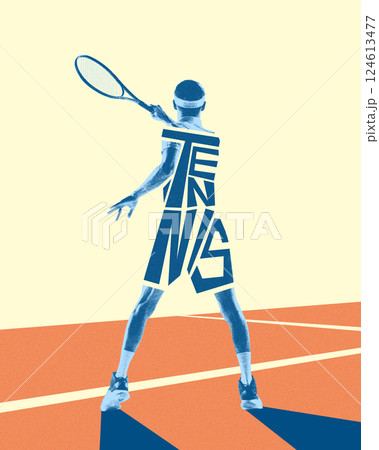 Back view of man, tennis player with text uniform, serving ball, playing on abstract court. Creative art design 124613477