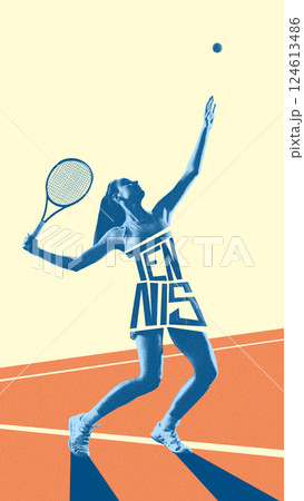 Vertical image of young woman, tennis player in blue tones, serving ball, playing, training on abstract court. Creative art design. 124613486