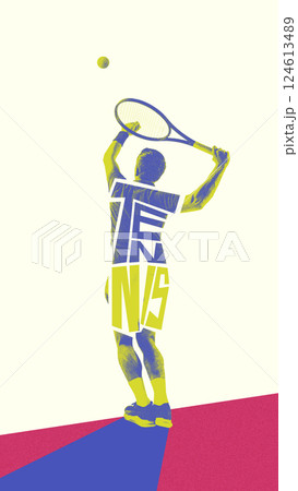 Vertical layout. Back view of man, tennis player during game, serving ball with racket, playing. Creative art design. 124613489