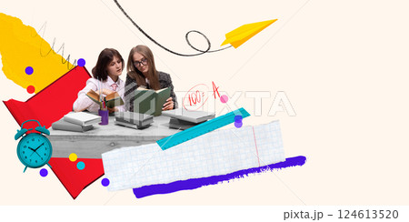 Focused students sitting at desk and reading books, surrounded by grades, ruler, clock and vibrant school elements. Exam preparation. Conceptual design. Focused students sitting at desk and reading books, surrounded by grades, ruler, clock and vibrant school elements. Exam preparation. Conceptual design. 124613520
