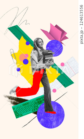 Young smiling woman, student walking confidently with colorful books in hands, getting ready for new semester. Contemporary art collage. 124613556