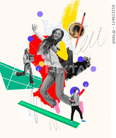 Happy young student jumping mid-air, full of joy and movement, surrounded by school elements, representing passion for university life 124613558