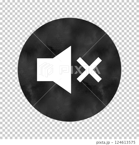 Volume off icon White speaker and cross mark Black watercolor style round background Volume off icon White speaker and cross mark Black watercolor style round background 124613575