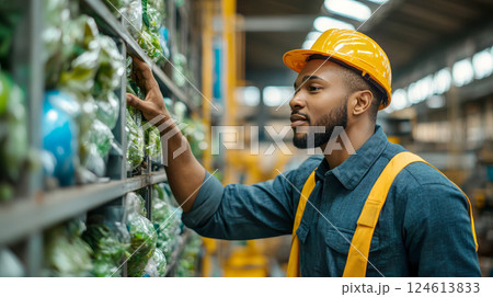 African american worker dressed in workwear is checking sorted rubbish on the recycling plant. Waste stacked in bags, boxes and other tares. 124613833