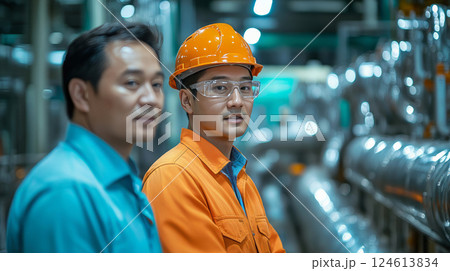 Two asian engineers watching the recycling process next to conveyor belt in recycling plant. Waste recycling processing plant. 124613834