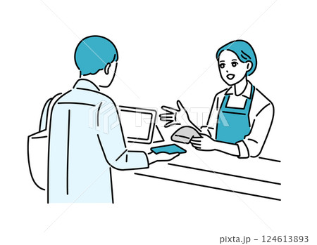 カフェ・飲食店　お会計をするエプロン姿の女性の店員 124613893