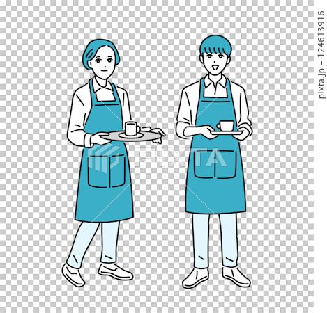咖啡館/餐廳工作人員穿著圍裙站立 124613916