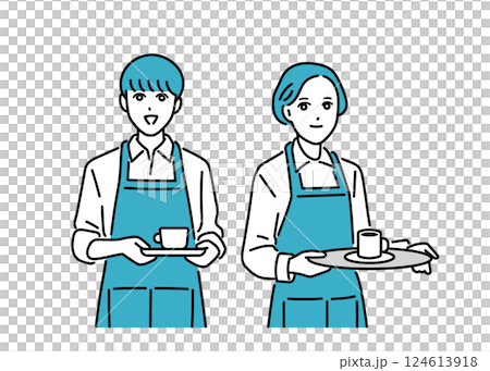 咖啡館/餐廳工作人員穿著圍裙站立 124613918