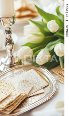 Passover table setting with candlestick and tulips, background 124613953
