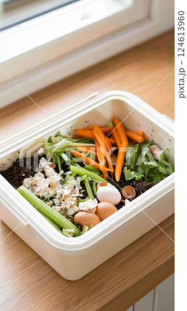 Compost bin with organic waste including eggshells, greens, and vegetables 124613960