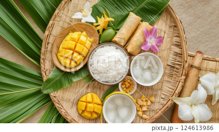 Colorful Thai cuisine including mango sticky rice, spring rolls, and curry, Songkran food background 124613986