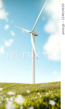 Wind turbine in vibrant wildflower meadow with clear blue sky, sustainable energy, Earth Day concept 124614010