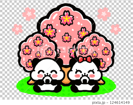 塗鴉風格的插圖，一隻可愛的熊貓在櫻花樹下欣賞櫻花 124614149