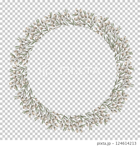 Circle wreath with wildflower and copy space in vintage style. Handdrawn watercolor decorative festive design. Graphic drawing ideal for Easter card template. Perfect for spring holiday season. 124614213