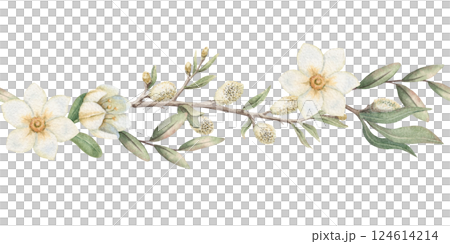 Seamless border with white flower and blooming willow in vintage style. Hand drawn watercolor decorative festive design. Graphic ideal for Easter card template. Perfect for spring holiday season. Seamless border with white flower and blooming willow in vintage style. Hand drawn watercolor decorative festive design. Graphic ideal for Easter card template. Perfect for spring holiday season. 124614214