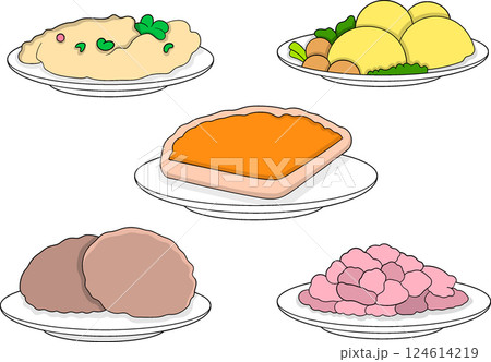 Cartoon Food Illustration Set of Traditional Dishes Served on White Plates 124614219
