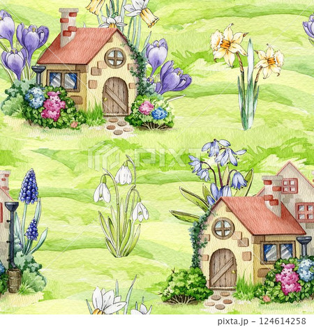 Springtime mood seamless pattern decoration element. Hand drawn watercolor illustration. Small cute vintage houses decorated with primrose flowers, daffodils, snowdrops on green grassy background 124614258