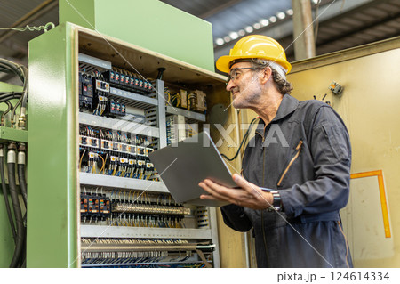 Senior Professional Electrician engineer service maintenance check electricity wire cable Senior Professional Electrician engineer service maintenance check electricity wire cable 124614334