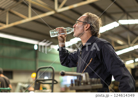 Senior worker thirsty tired refresh drink clean water brake relax working in heavy industry factory. Senior worker thirsty tired refresh drink clean water brake relax working in heavy industry factory. 124614349