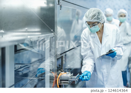 Industry inspector team working, QC staff work checking machine operation for safety and hygiene 124614364