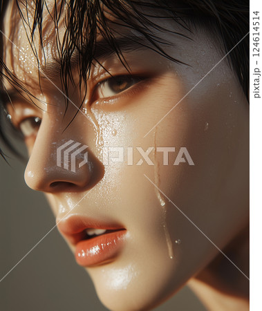 汗を流した男性のクローズアップ 汗や水に強いメンズメイクのイメージ 汗を流した男性のクローズアップ 汗や水に強いメンズメイクのイメージ 124614514