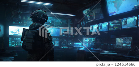Soldier in tactical gear, high-tech command center, blue lights, screens, dark room design. 124614666