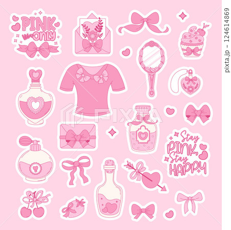 Vintage Pink Coquette Stickers set. Romantic Girly Vibe. Magic Bottle, Perfume, Ribbon Bow, Mirror, Pendant, Sweet, Letter Love, Quote Lettering and Arrow. Vector Isolated Trendy Aesthetic Elements 124614869