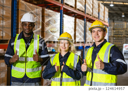 group professional warehouse happy workers thumbs up. teamwork stock inventory staff employee group professional warehouse happy workers thumbs up. teamwork stock inventory staff employee 124614957
