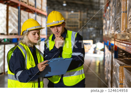 professional warehouse workers. caucasian stock inventory team staff working in cargo storage 124614958