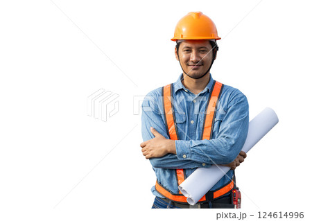 Professional Asian engineer male builder worker standing happy smiling isolated on white background 124614996