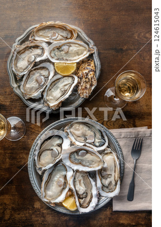 Fresh raw oysters on ice, overhead flat lay shot 124615043