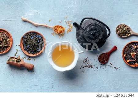 Loose tea leaves. An assortment of herbal, floral, and fruit teas and infusions 124615044