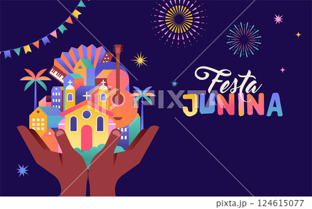 Festa Junina concept design. Brazilian music and dance summer festival carnival banner with city Festa Junina concept design. Brazilian music and dance summer festival carnival banner with city 124615077