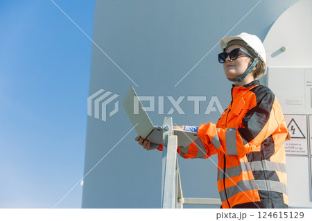 Engineer technician worker checking service maintenance wind turbine clean electricity power station Engineer technician worker checking service maintenance wind turbine clean electricity power station 124615129