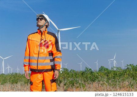 Asian Engineer male worker checking service maintenance wind turbine clean electricity power station Asian Engineer male worker checking service maintenance wind turbine clean electricity power station 124615133