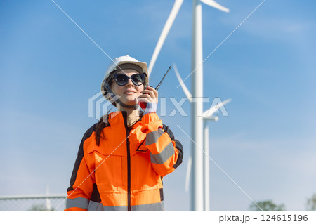 Engineer technician worker checking service maintenance wind turbine clean electricity power station Engineer technician worker checking service maintenance wind turbine clean electricity power station 124615196
