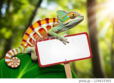 空白の看板を持っている派手な色のカメレオン 空白の看板を持っている派手な色のカメレオン 124615565