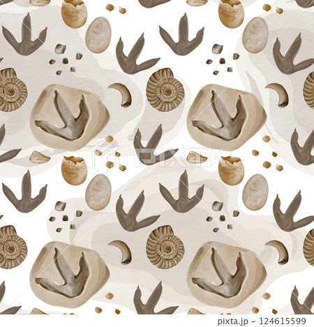 Seamless pattern with dinosaur footprints. Ancient fossils, shells and ammonites. Dinosaur eggs whole and broken. Pebbles and shell fragments. Watercolor illustration, hand drawing.  124615599