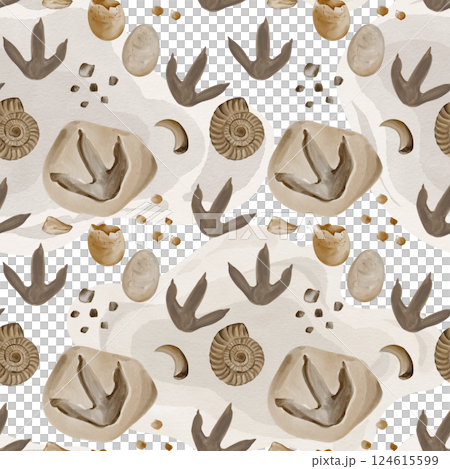 Seamless pattern with dinosaur footprints. Ancient fossils, shells and ammonites. Dinosaur eggs whole and broken. Pebbles and shell fragments. Watercolor illustration, hand drawing.  124615599