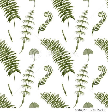 Seamless pattern with plants. Prehistoric fern and horsetail. Herbs of the dinosaur era. Plants from fossils. For textile and fabric. Watercolor illustration without background. Hand drawing. Seamless pattern with plants. Prehistoric fern and horsetail. Herbs of the dinosaur era. Plants from fossils. For textile and fabric. Watercolor illustration without background. Hand drawing. 124615715