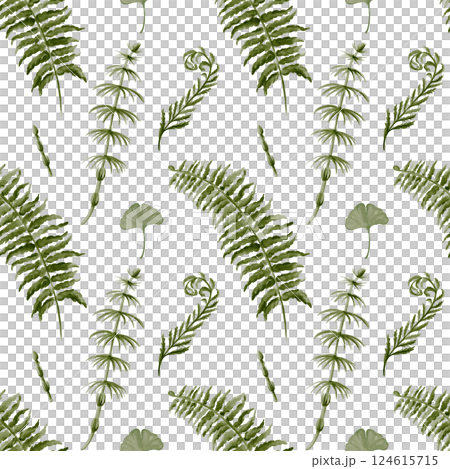 Seamless pattern with plants. Prehistoric fern and horsetail. Herbs of the dinosaur era. Plants from fossils. For textile and fabric. Watercolor illustration without background. Hand drawing. Seamless pattern with plants. Prehistoric fern and horsetail. Herbs of the dinosaur era. Plants from fossils. For textile and fabric. Watercolor illustration without background. Hand drawing. 124615715